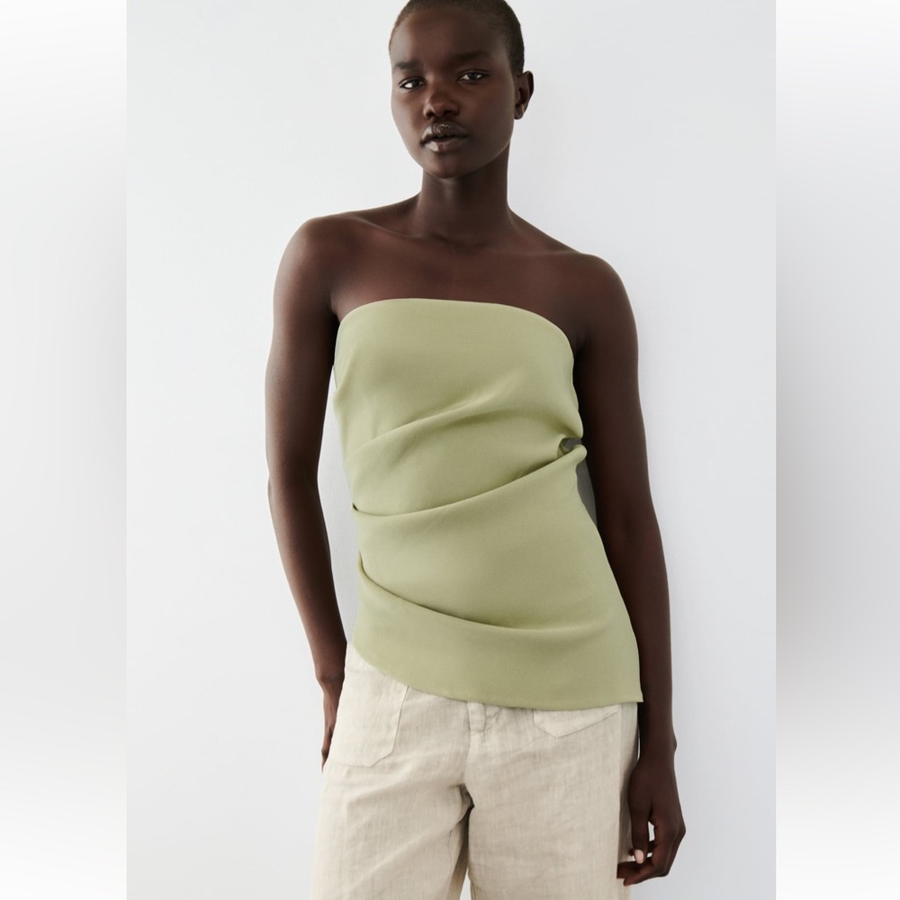 ZARA RUCHED STRAPLESS TOP SIZE M LIGHT KHAKI GREEN 0085/803 NWT